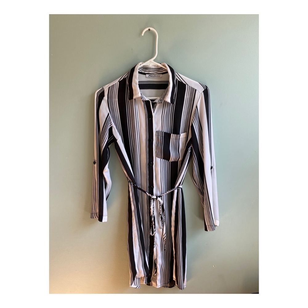 Women’s Pinstripe Collared Dress with Tie Waist